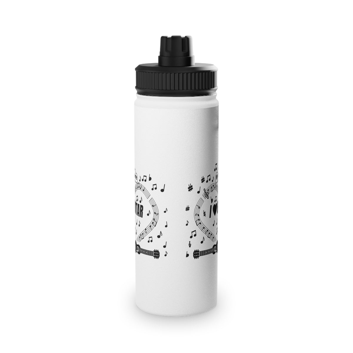Music-themed Stainless Steel Water Bottle, Sports Lid: 'I love guitar' - black on white