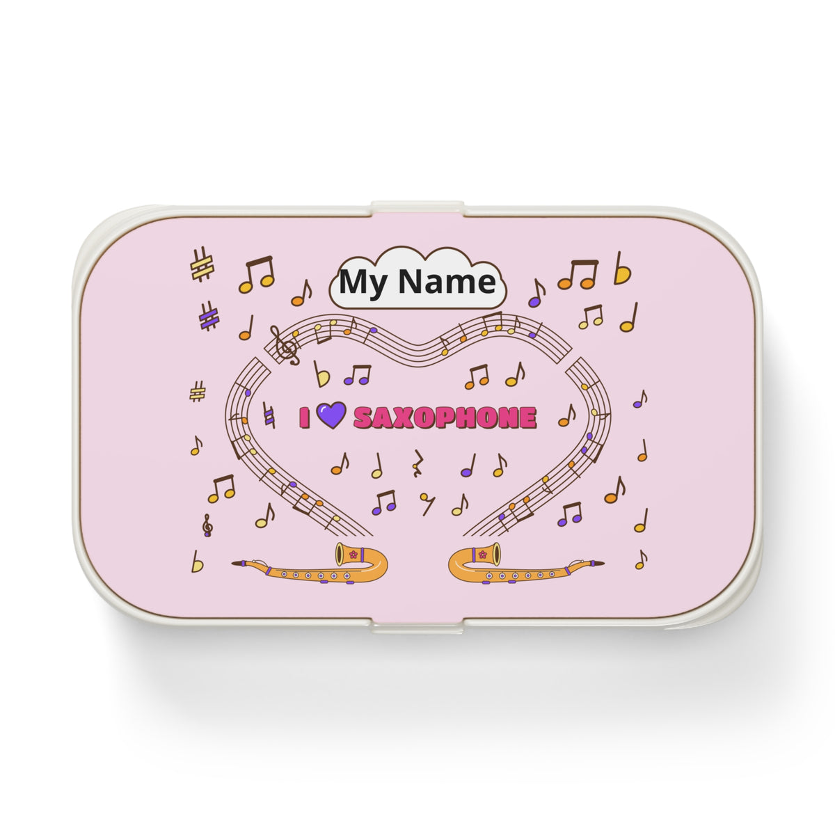 Music-themed Bento Lunch Box: 'I love saxophone' - pink