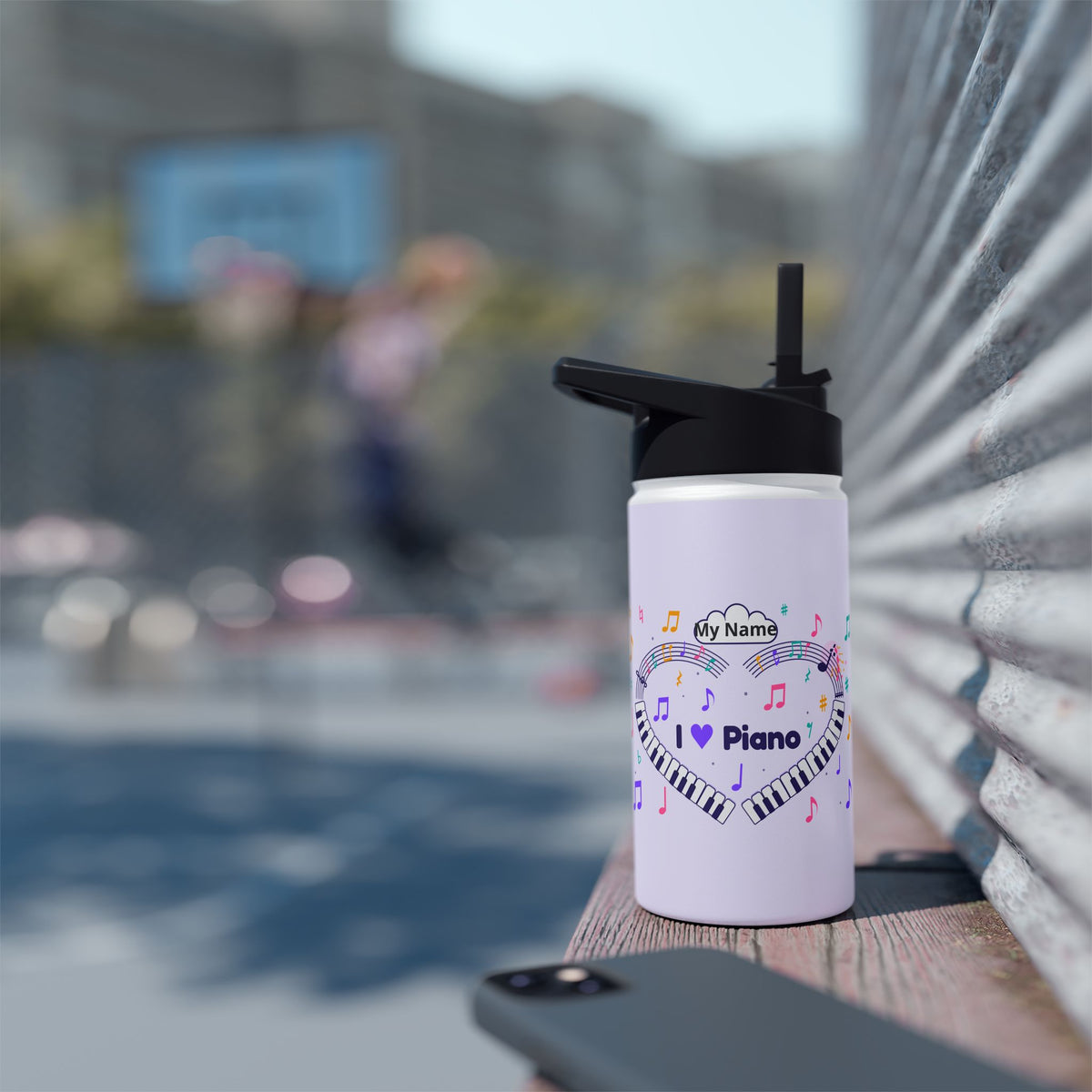 Music-themed Stainless Steel Water Bottle, Standard Lid: 'I love piano' heart - violet