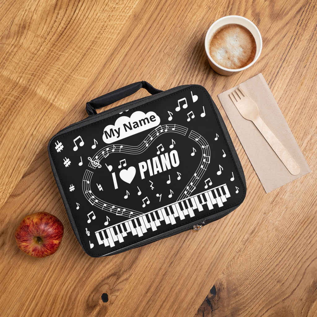 Music-themed Lunch Bag: 'I love piano' - black & white