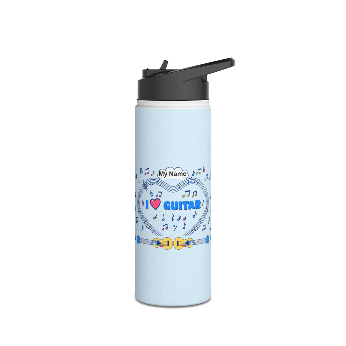 Music-themed Stainless Steel Water Bottle, Standard Lid: 'I love guitar' - blue