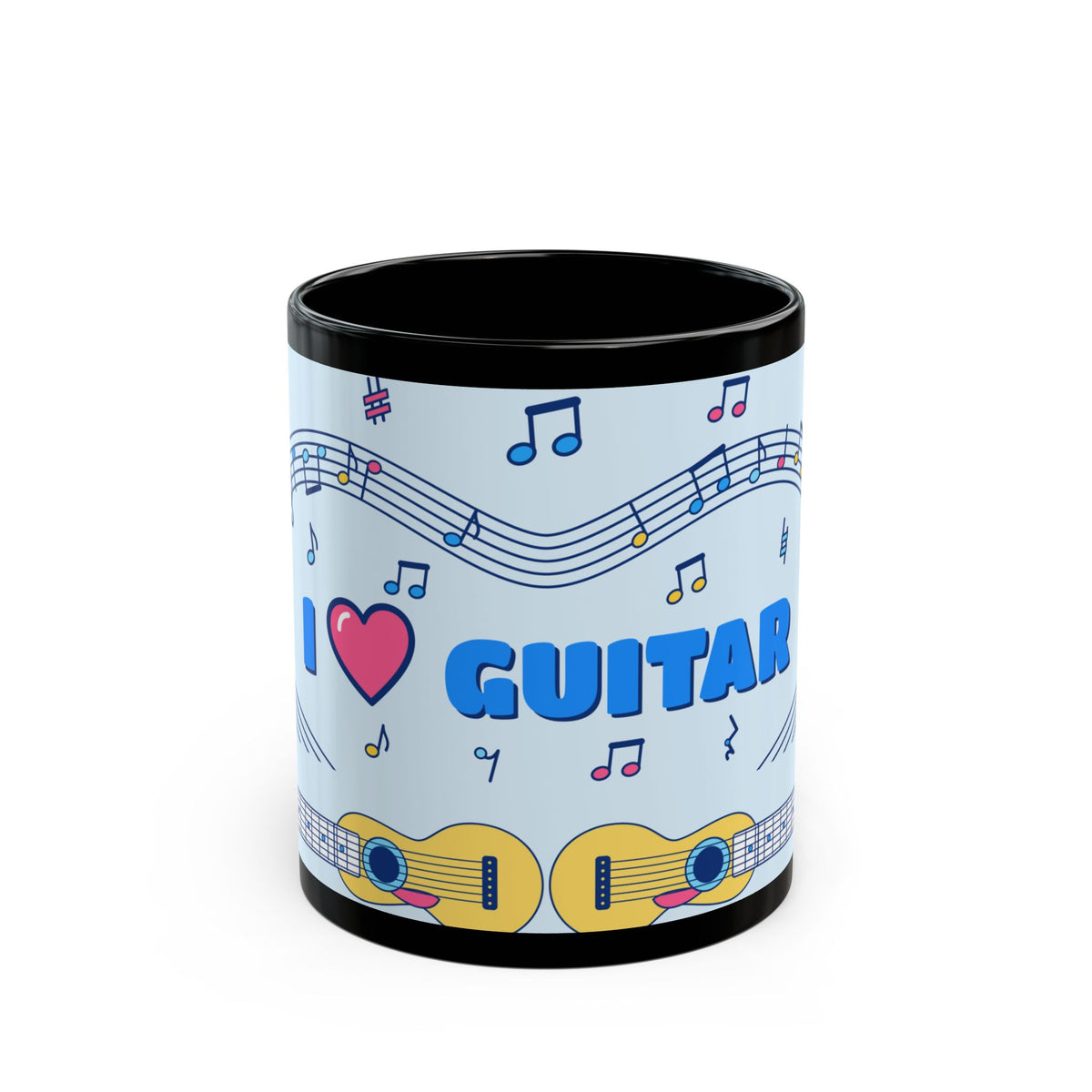 Music-themed Black Mug (11oz, 15oz): 'I love guitar' - blue