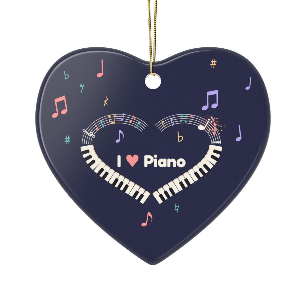 Music-themed Ceramic Ornaments, 2-Side Print: 'I love piano' heart - navy