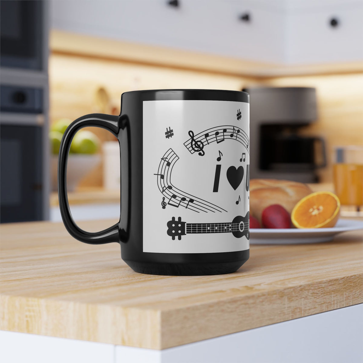 Music-themed Black Mug (11oz, 15oz): 'I love ukulele' - black on white