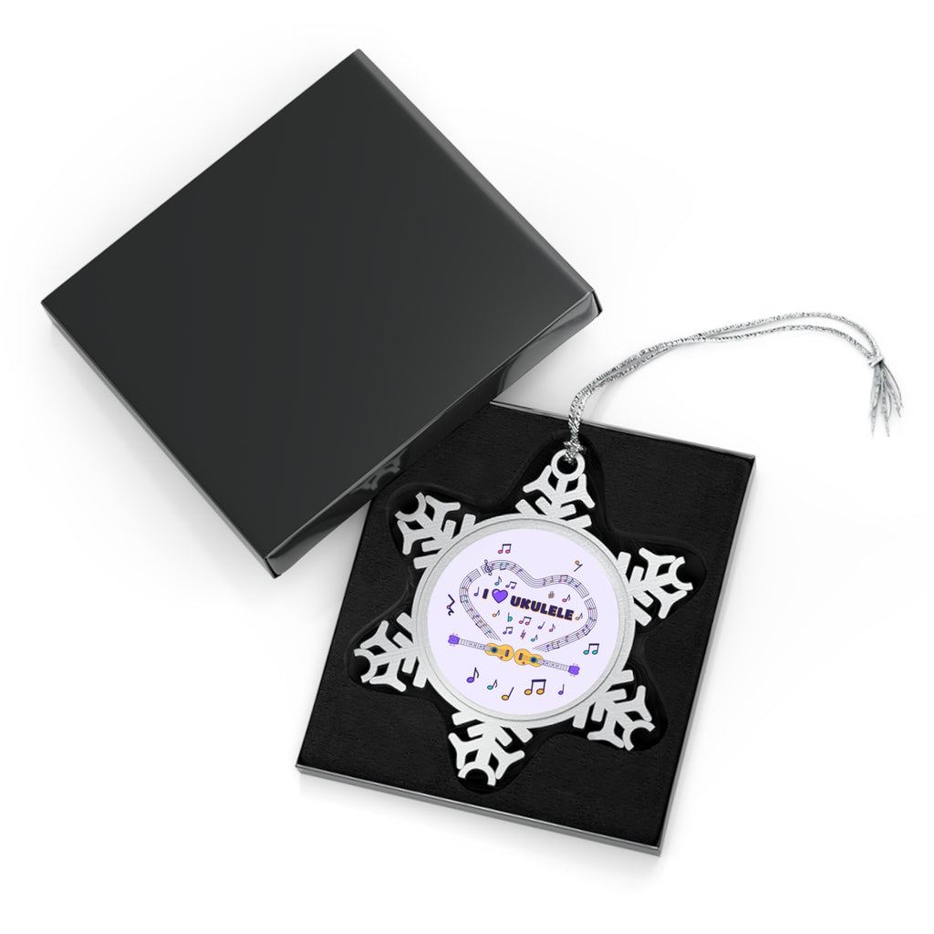 Music-themed Pewter Snowflake Ornament: 'I love ukulele' - violet