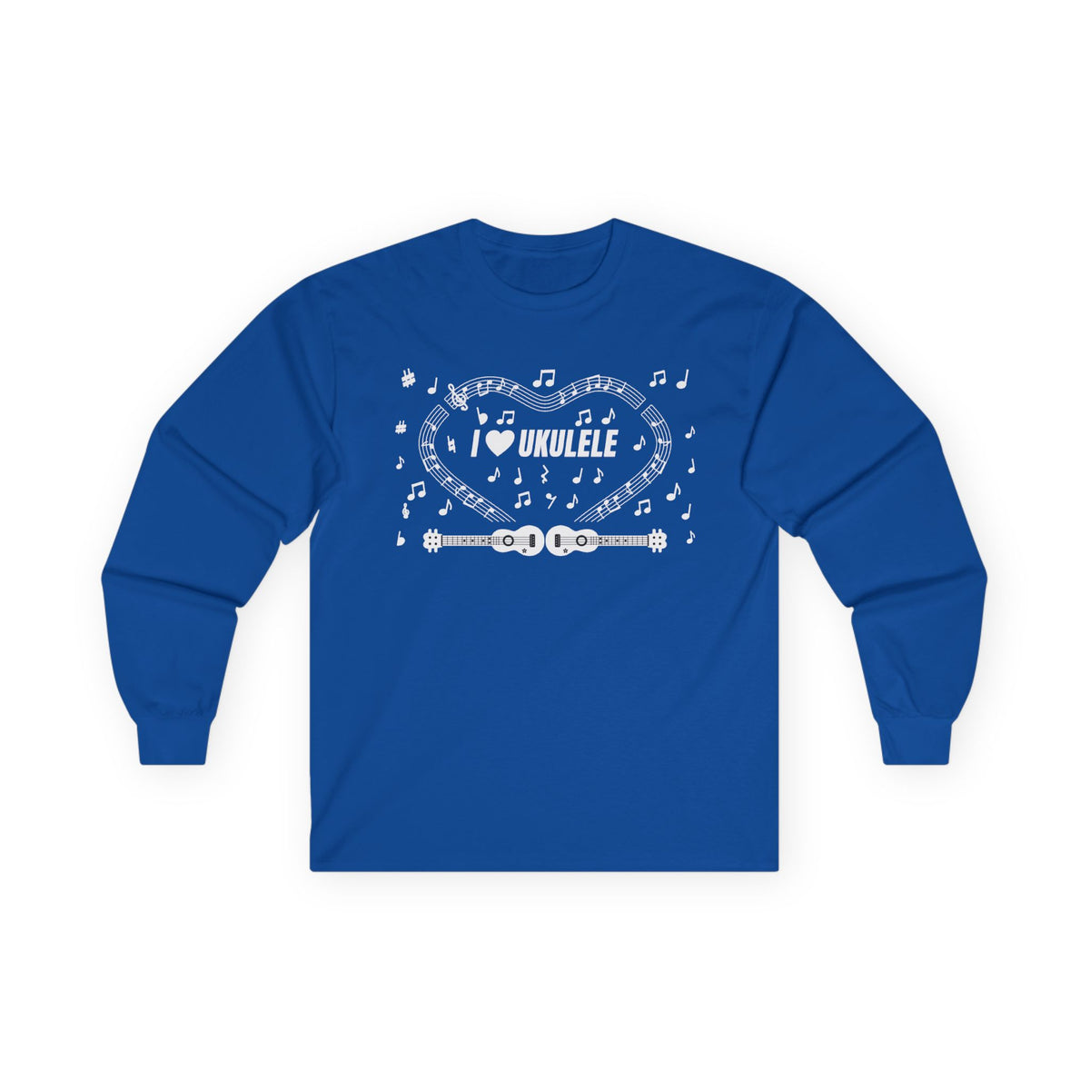 Music-themed Unisex Ultra Cotton Long Sleeve Tee: 'I love ukulele' - black & white
