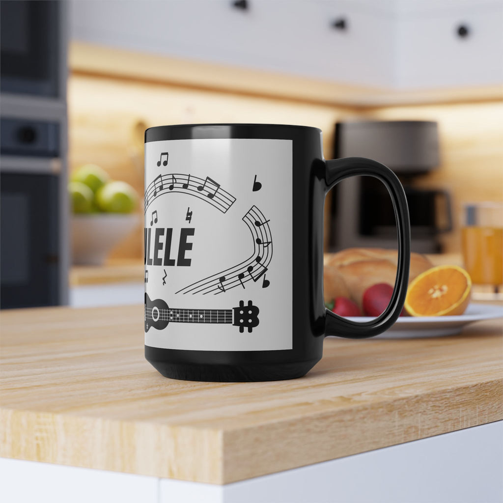 Music-themed Black Mug (11oz, 15oz): 'I love ukulele' - black on white