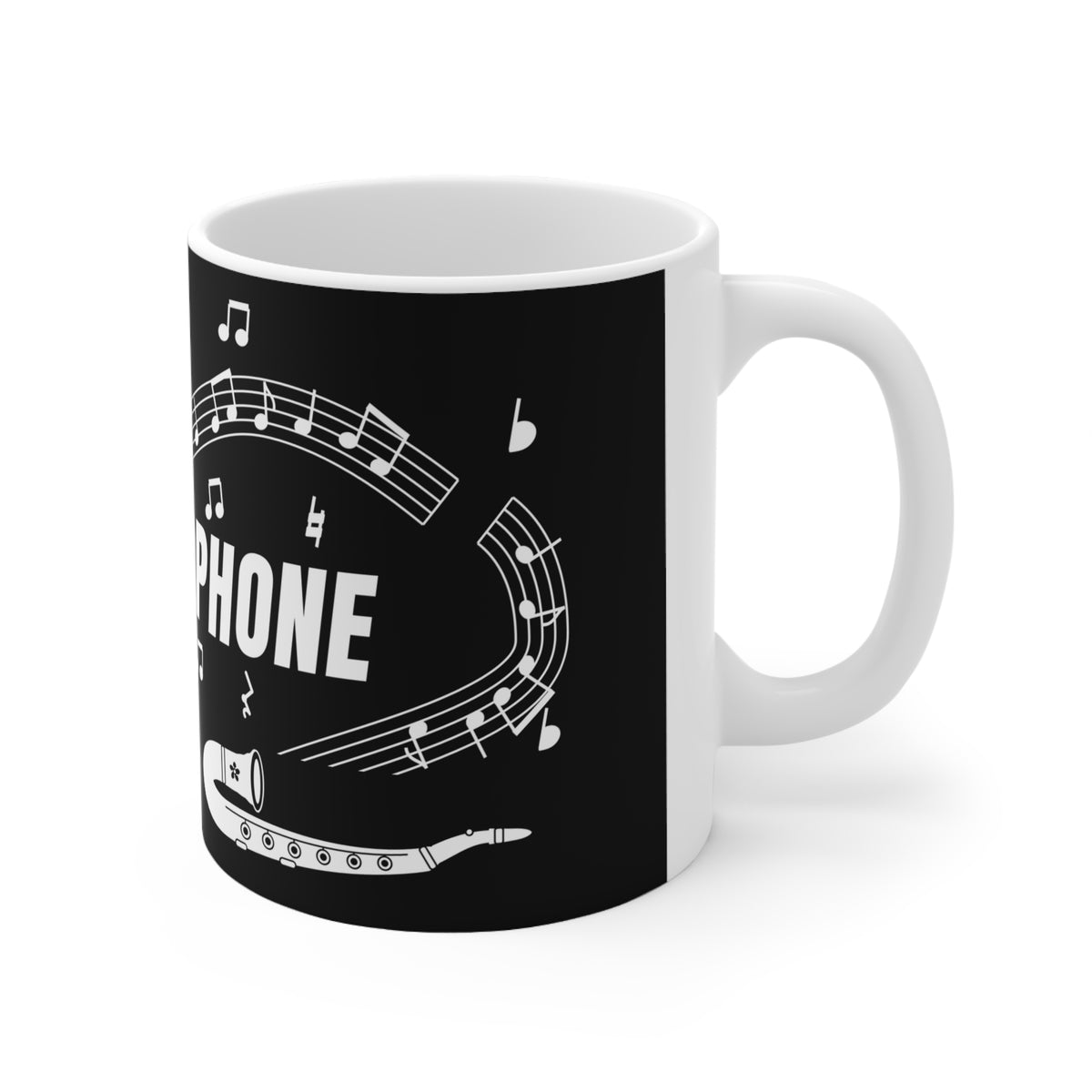 Music-themed Ceramic Mug, 11oz, 15oz: 'I love saxophone' - black & white