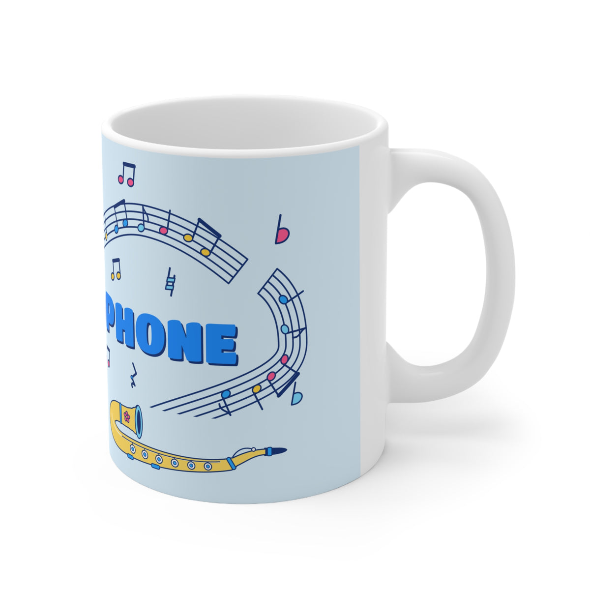 Music-themed Ceramic Mug, 11oz, 15oz: 'I love saxophone' - blue