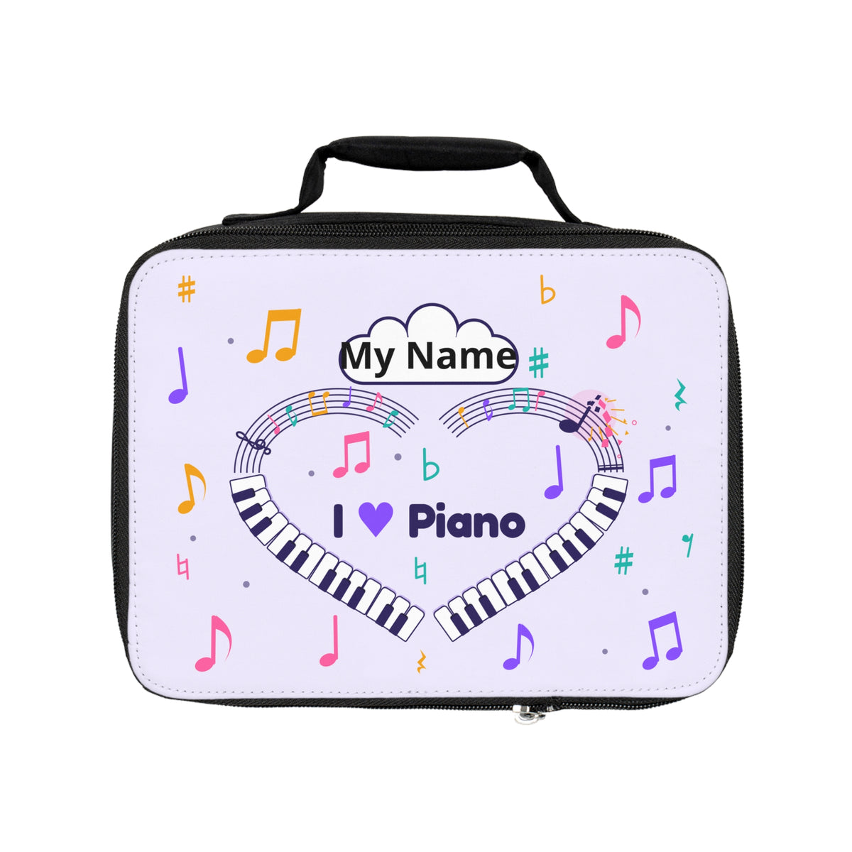 Music-themed Lunch Bag: 'I love piano' heart - violet