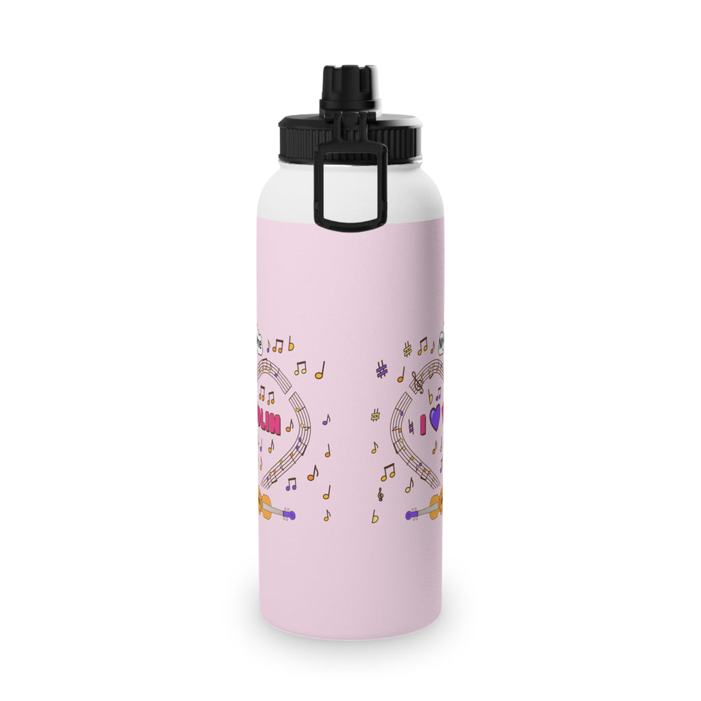 Music-themed Stainless Steel Water Bottle, Sports Lid: 'I love violin' - pink