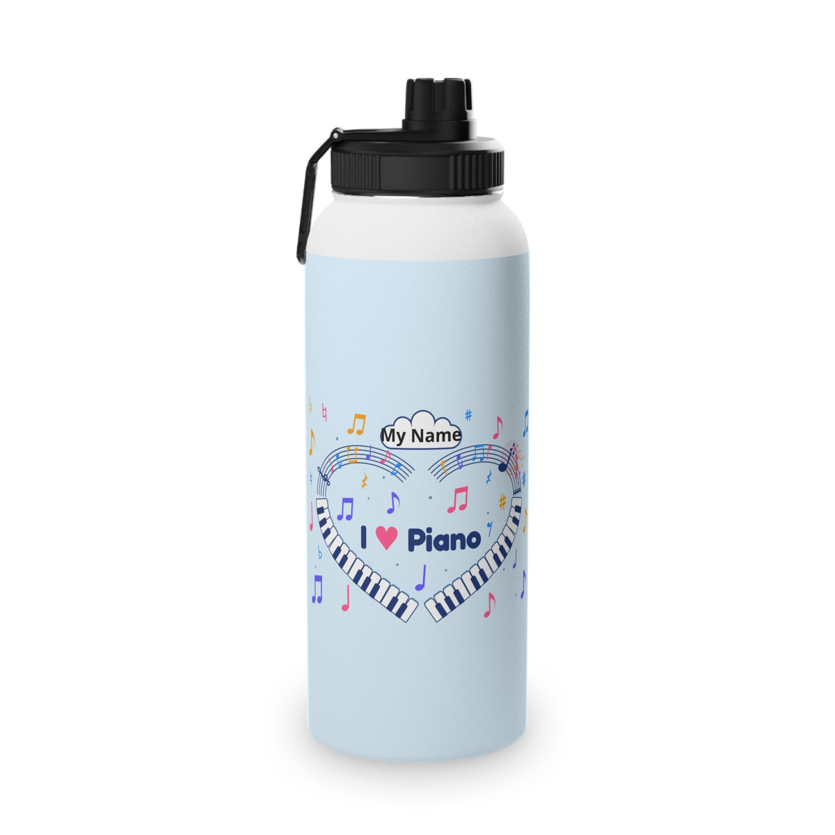Music-themed Stainless Steel Water Bottle, Sports Lid: 'I love piano' heart - blue
