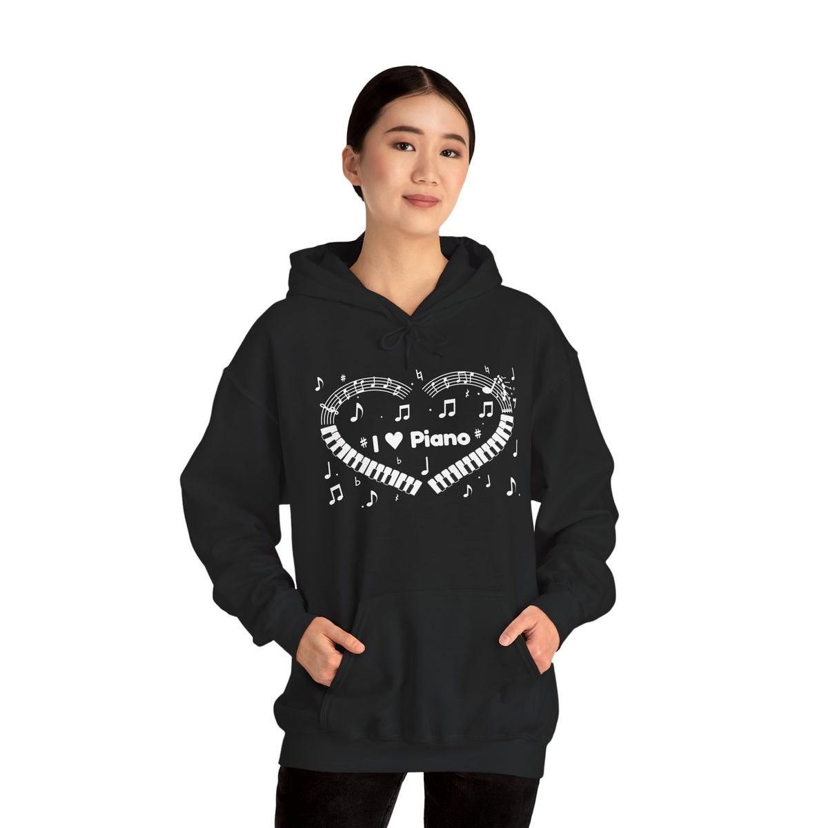 Music-themed Unisex Heavy Blend Hooded Sweatshirt: 'I love piano' heart - black & white