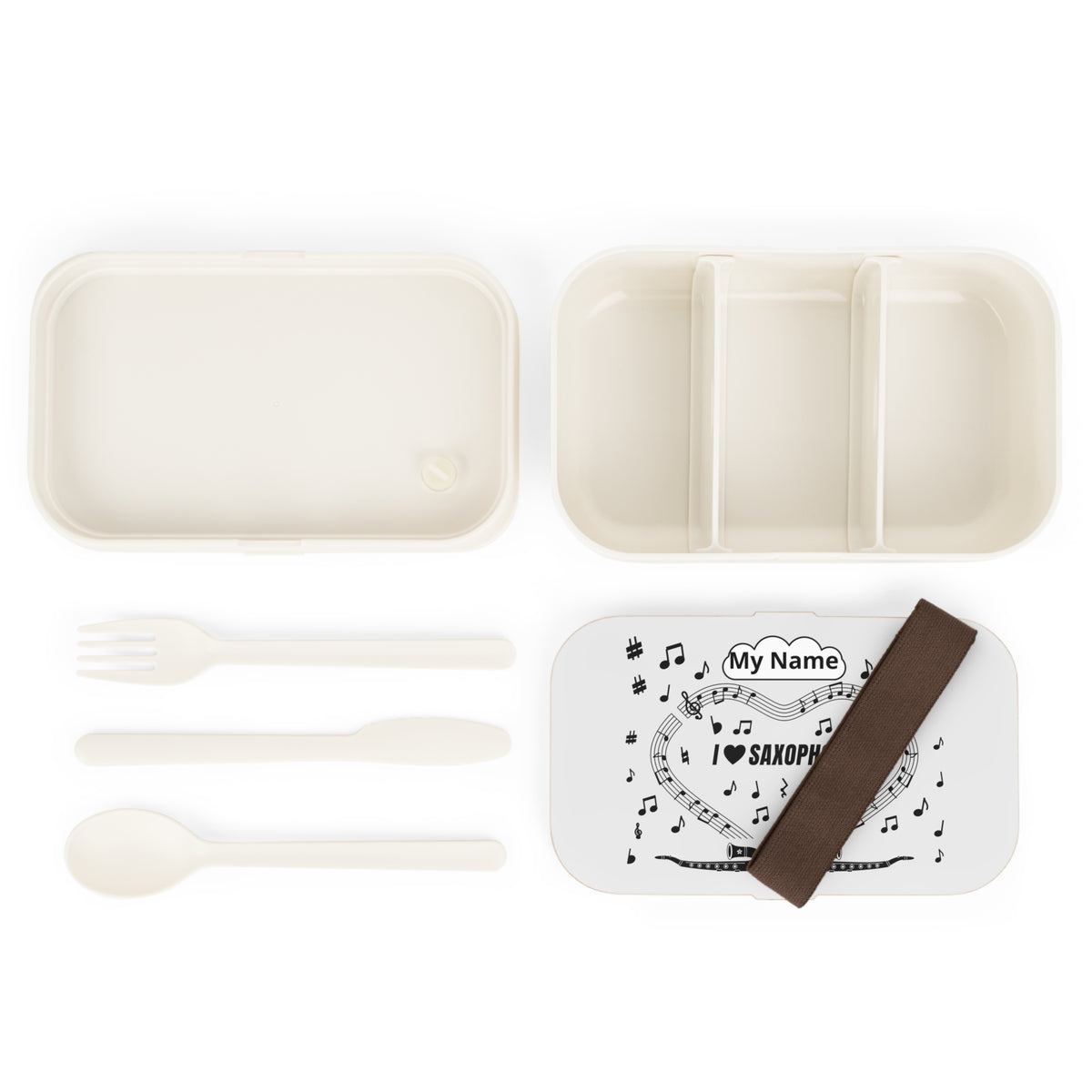 Music-themed Bento Lunch Box: 'I love saxophone' - black on white