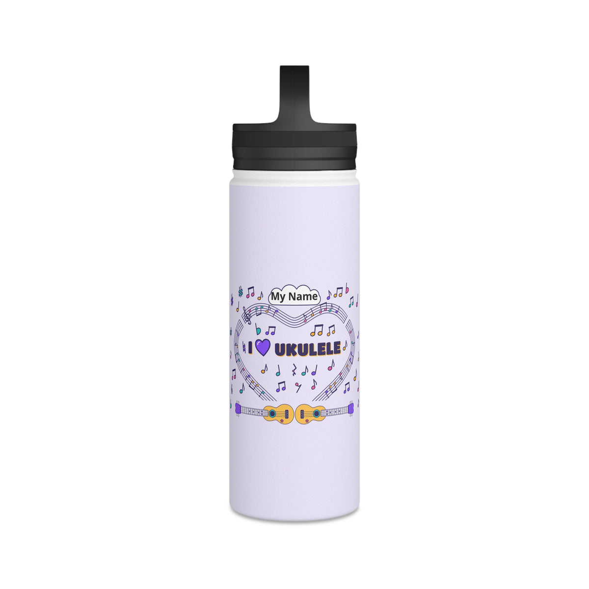 Music-themed Stainless Steel Water Bottle, Handle Lid: 'I love ukulele' - violet