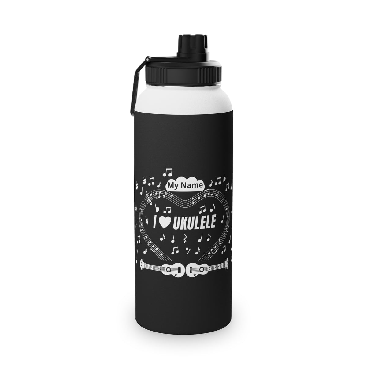 Music-themed Stainless Steel Water Bottle, Sports Lid: 'I love ukulele' - black & white
