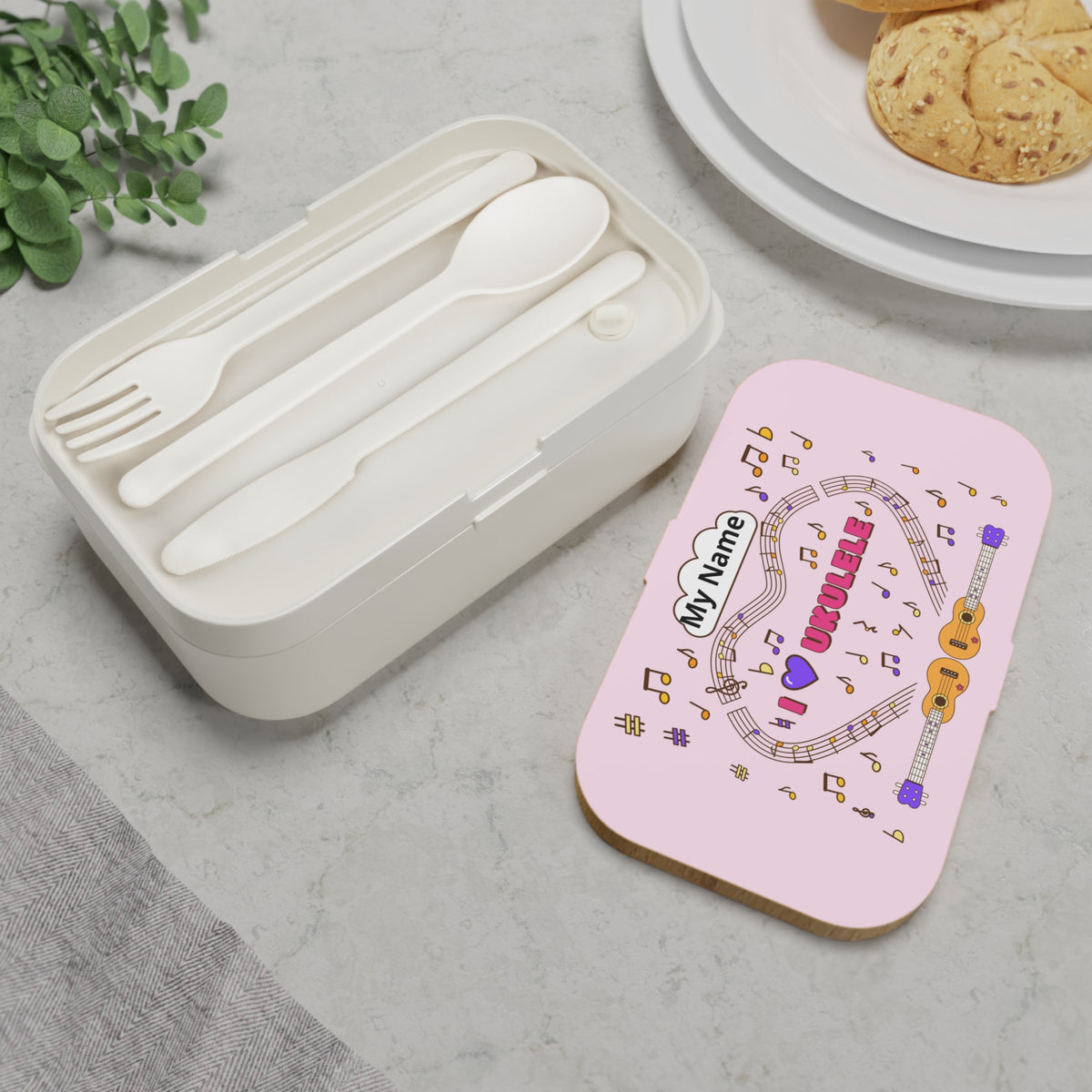 Music-themed Bento Lunch Box: 'I love ukulele' - pink