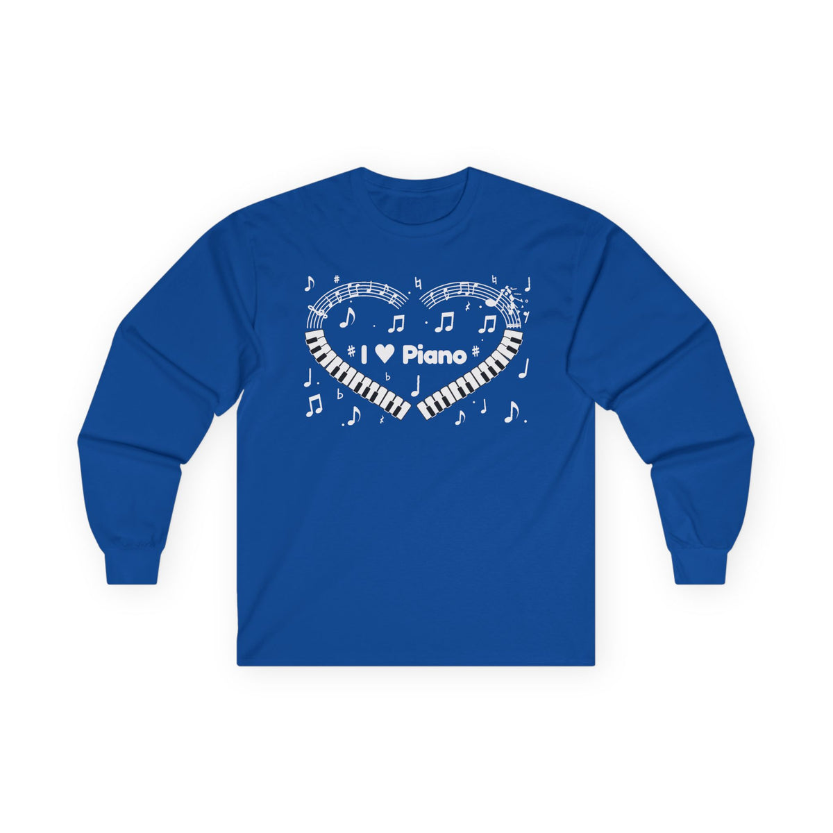 Music-themed Unisex Ultra Cotton Long Sleeve Tee: 'I love piano' heart - black & white