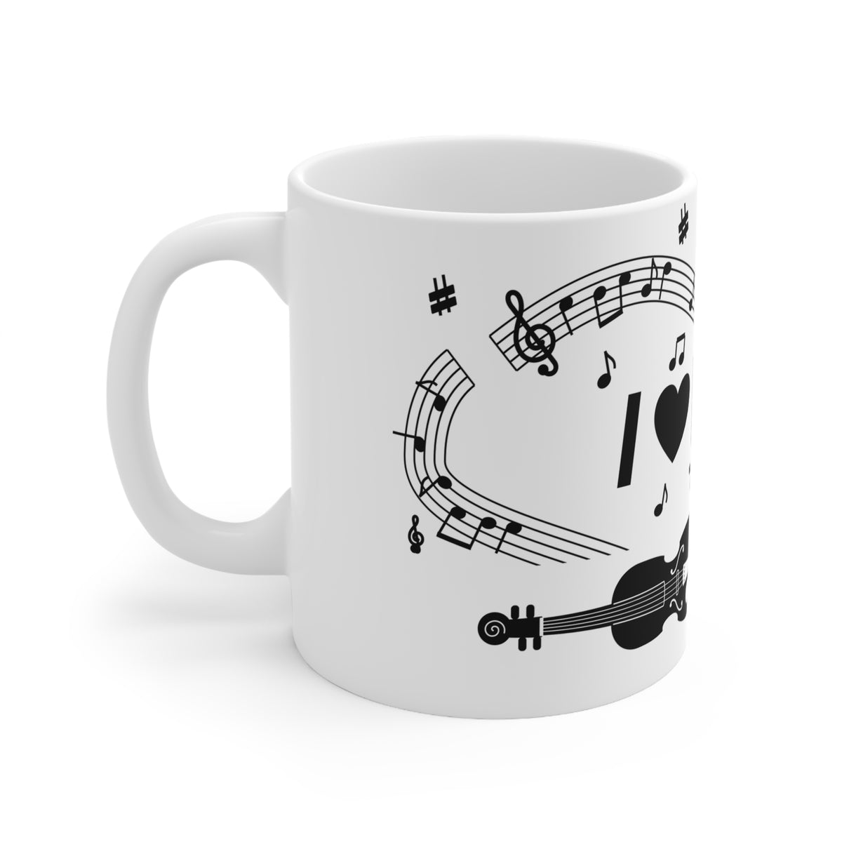 Music-themed Ceramic Mug, 11oz, 15oz: 'I love violin' - black on white