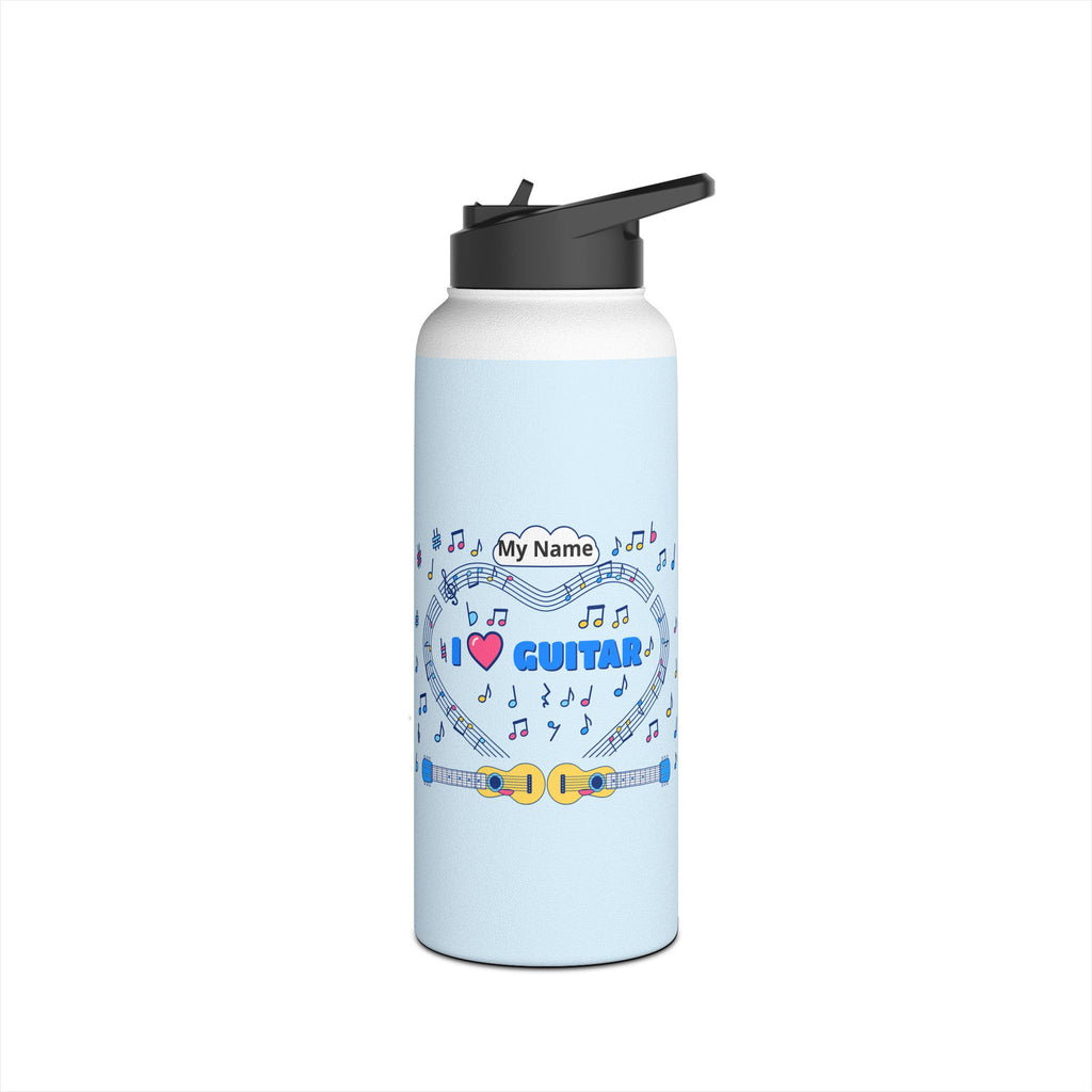 Music-themed Stainless Steel Water Bottle, Standard Lid: 'I love guitar' - blue