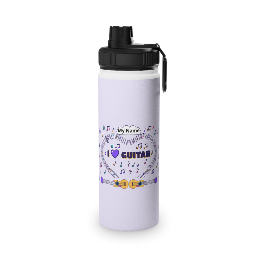 Music-themed Stainless Steel Water Bottle, Sports Lid: 'I love guitar' - violet