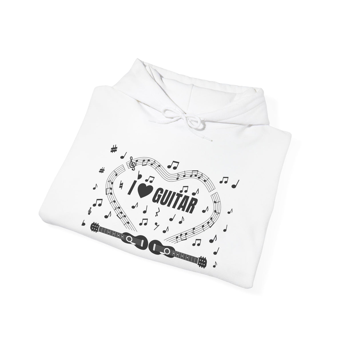 Music-themed Unisex Heavy Blend Hooded Sweatshirt: 'I love guitar' - black on white