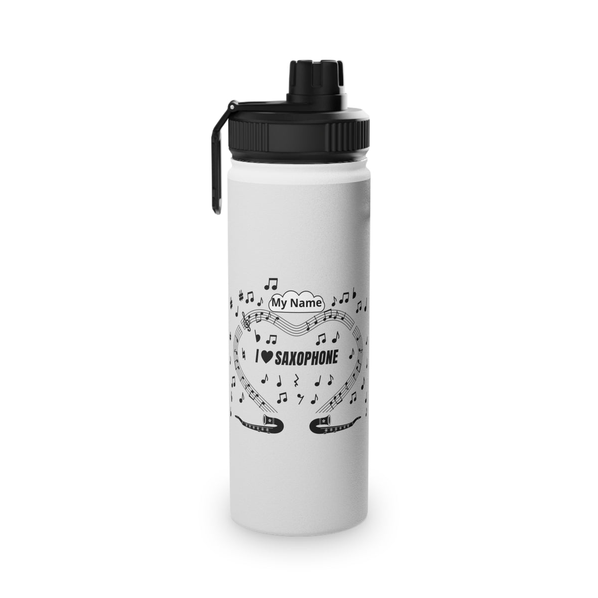 Music-themed Stainless Steel Water Bottle, Sports Lid: 'I love saxophone' - black on white