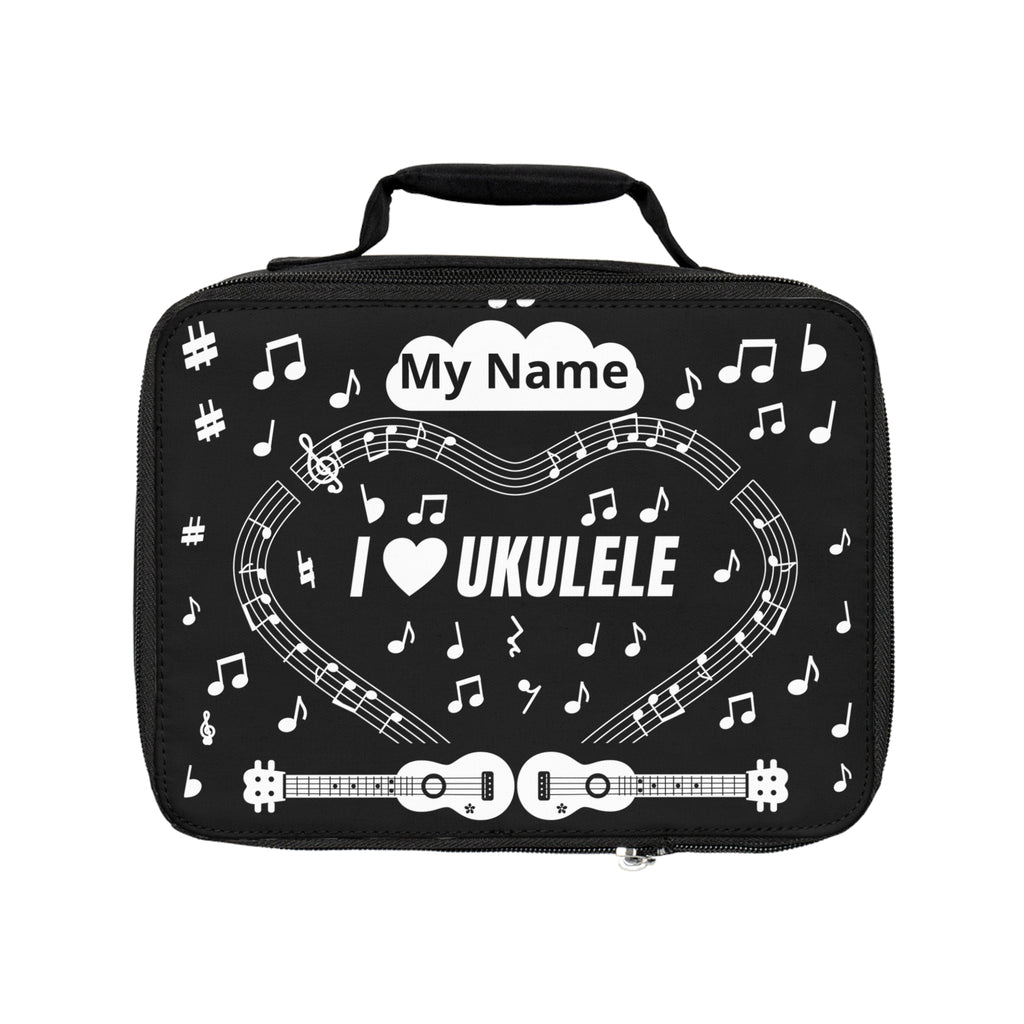 Music-themed Lunch Bag: 'I love ukulele' - black & white