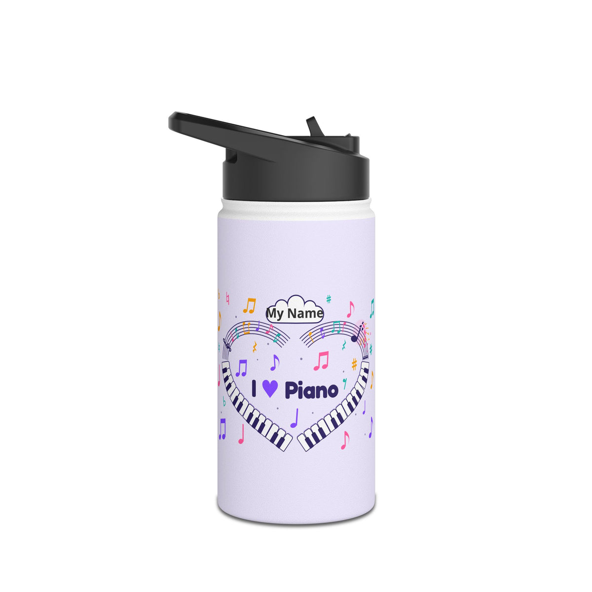 Music-themed Stainless Steel Water Bottle, Standard Lid: 'I love piano' heart - violet