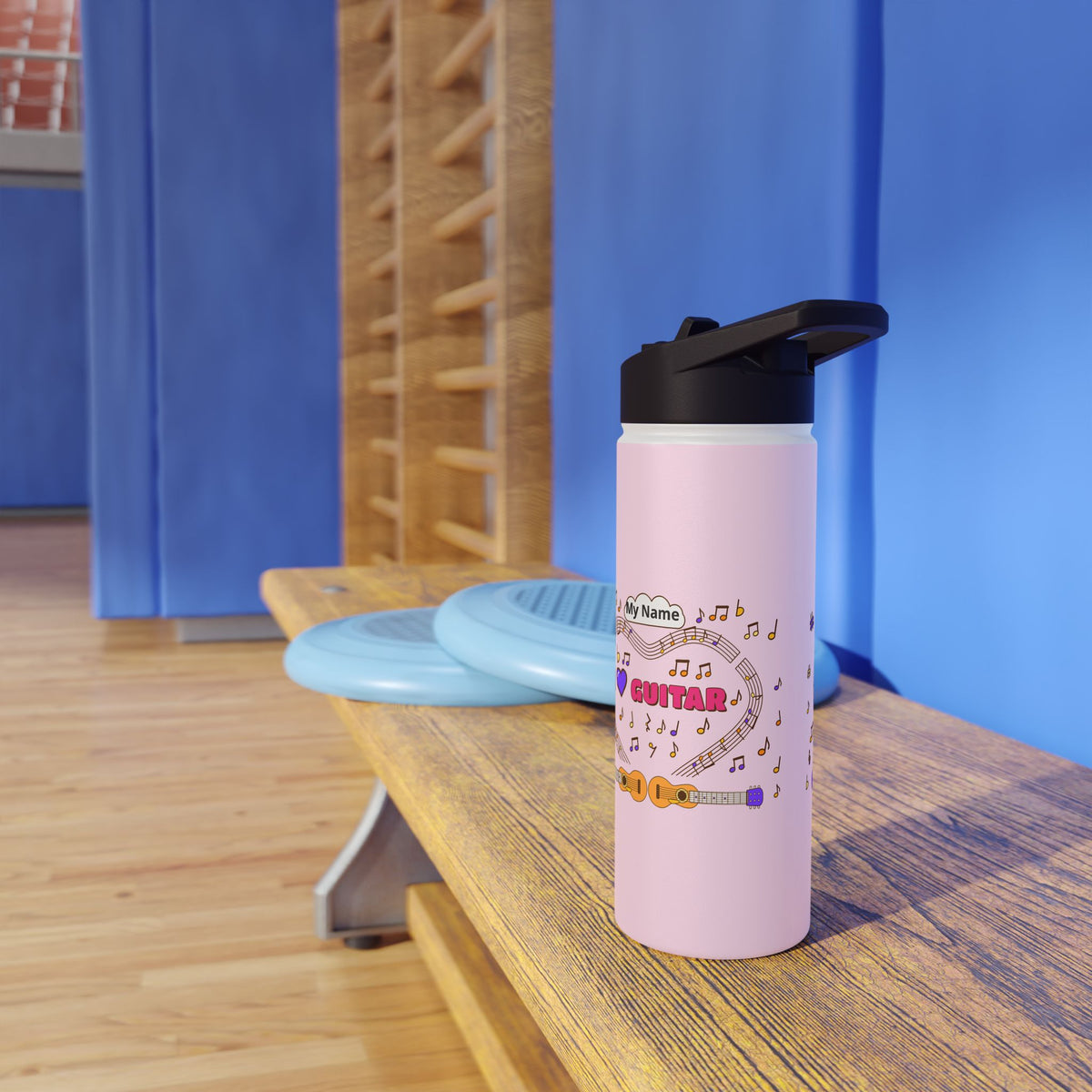 Music-themed Stainless Steel Water Bottle, Standard Lid: 'I love guitar' - pink