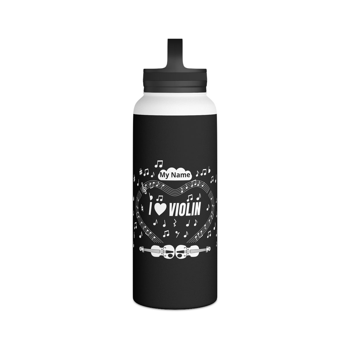 Music-themed Stainless Steel Water Bottle, Handle Lid: 'I love violin' - black & white