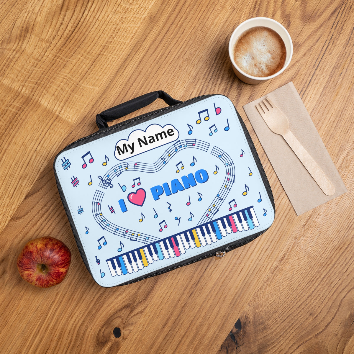 Music-themed Lunch Bag: 'I love piano' - blue