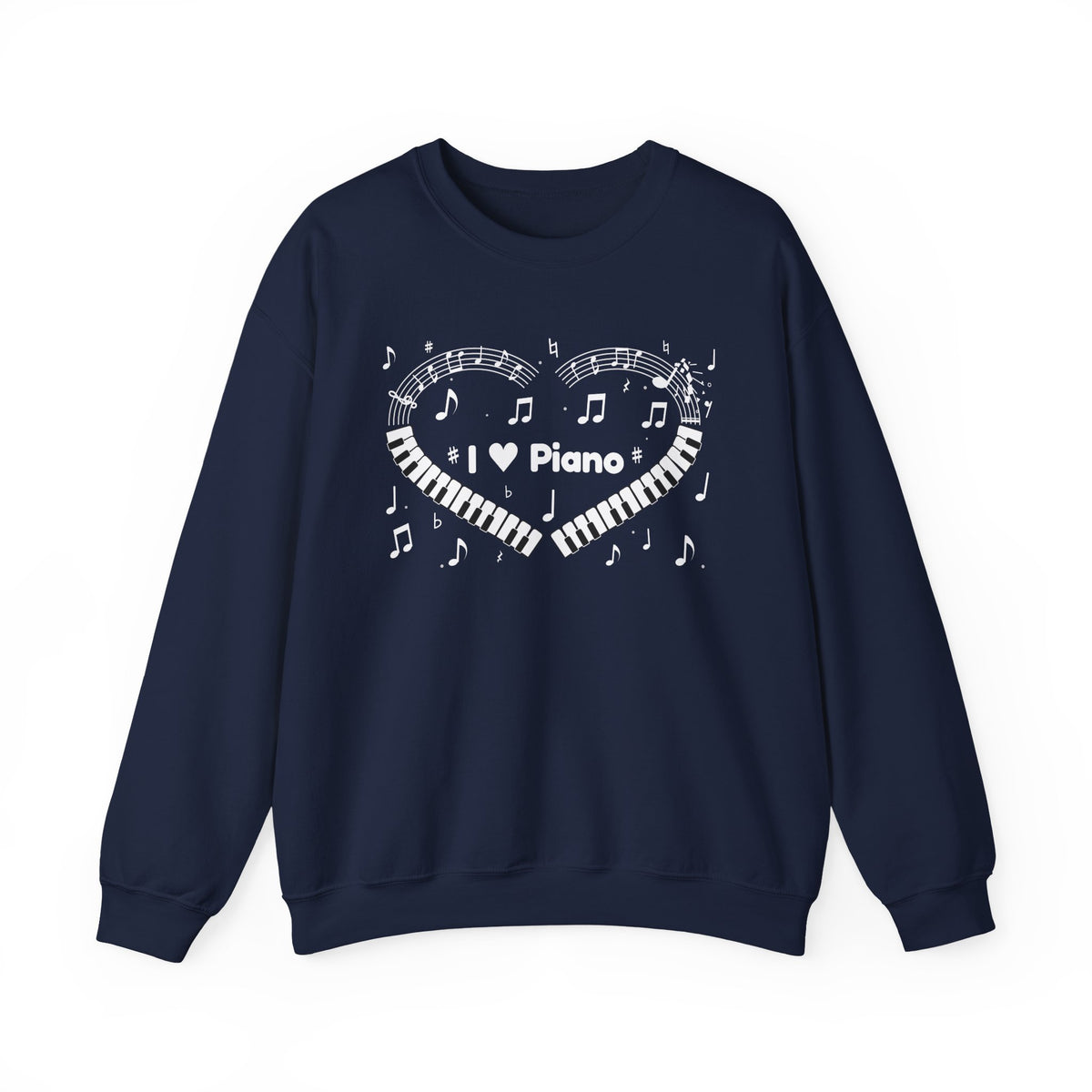 Music-themed Unisex Heavy Blend Crewneck Sweatshirt: 'I love piano' heart - black & white