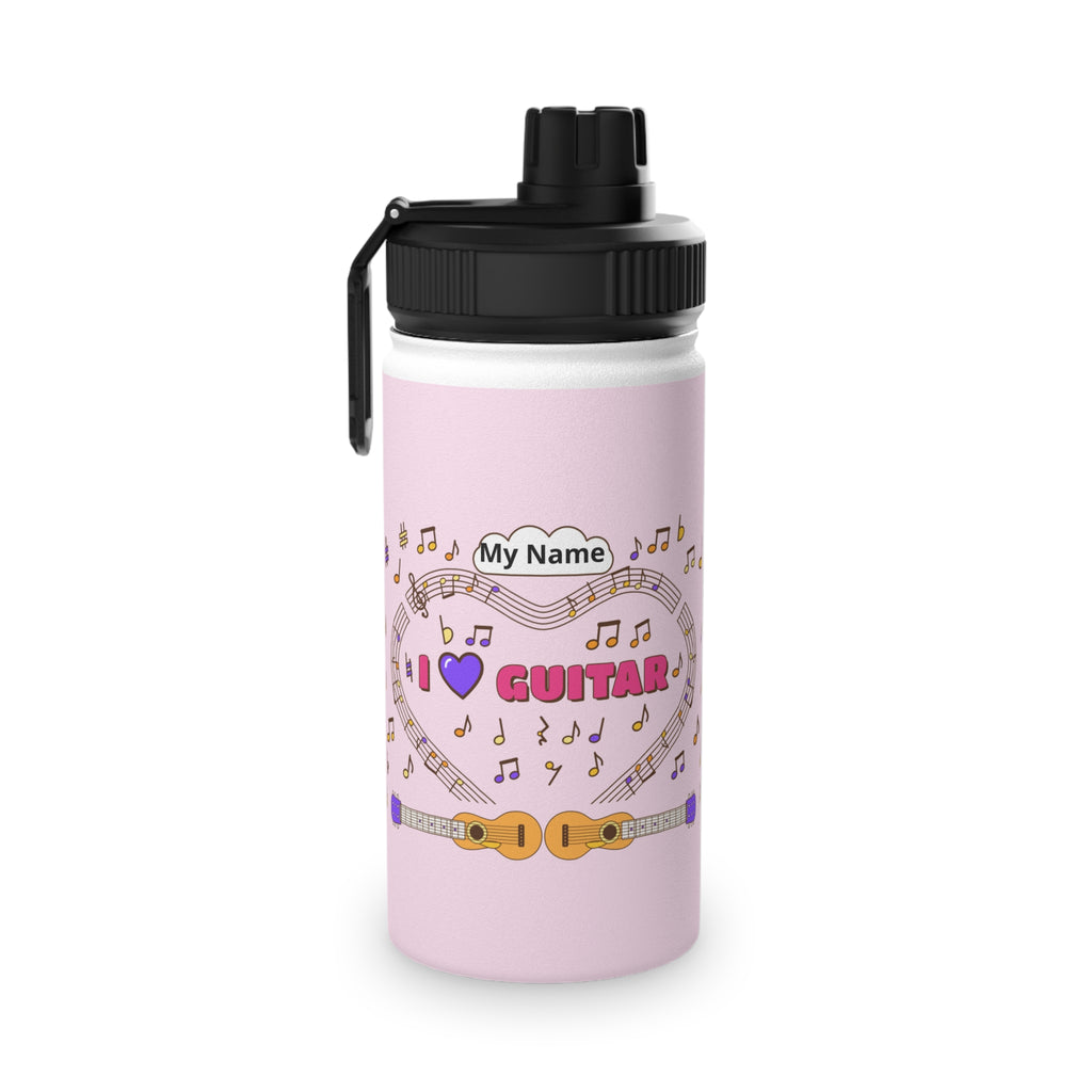 Music-themed Stainless Steel Water Bottle, Sports Lid: 'I love guitar' - pink