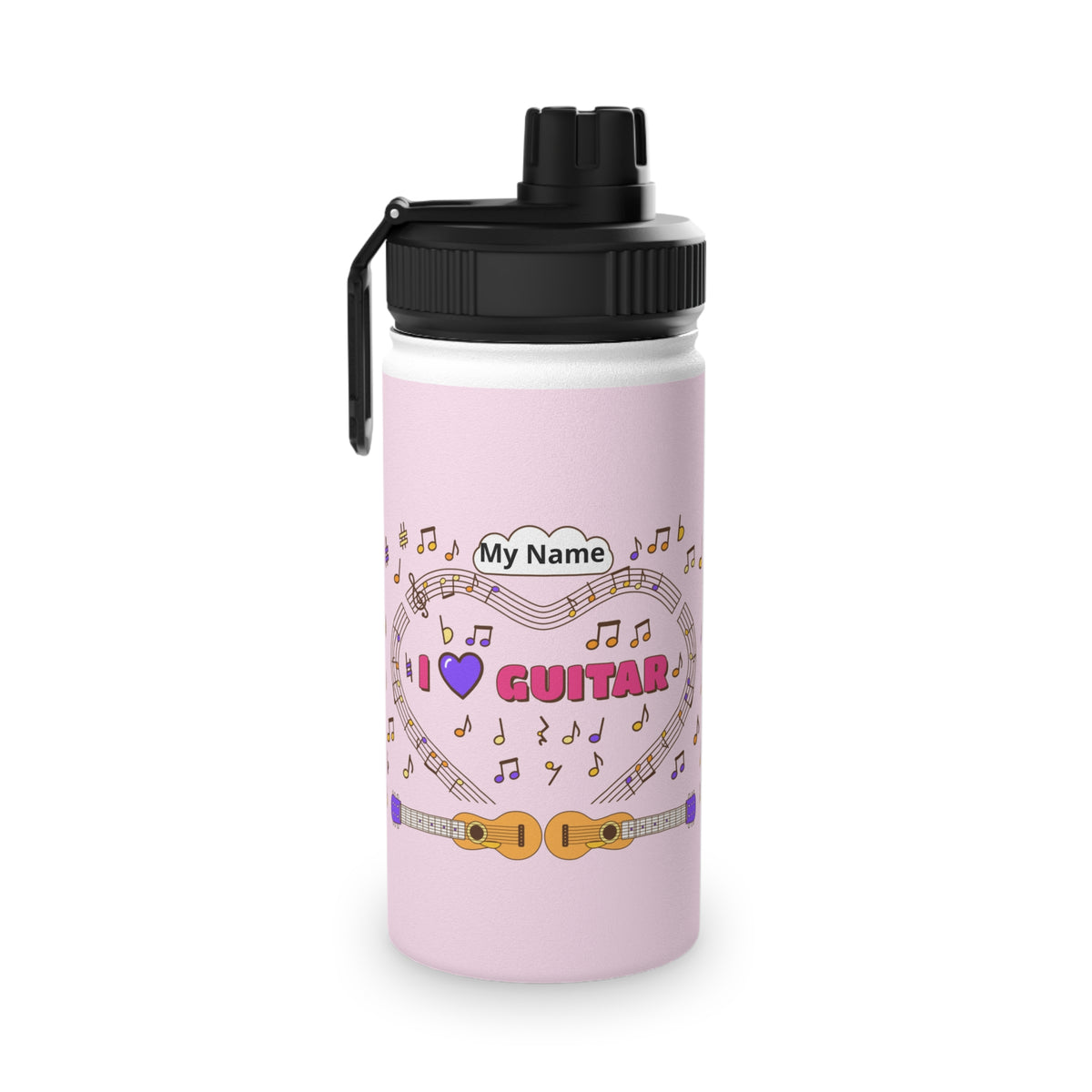 Music-themed Stainless Steel Water Bottle, Sports Lid: 'I love guitar' - pink