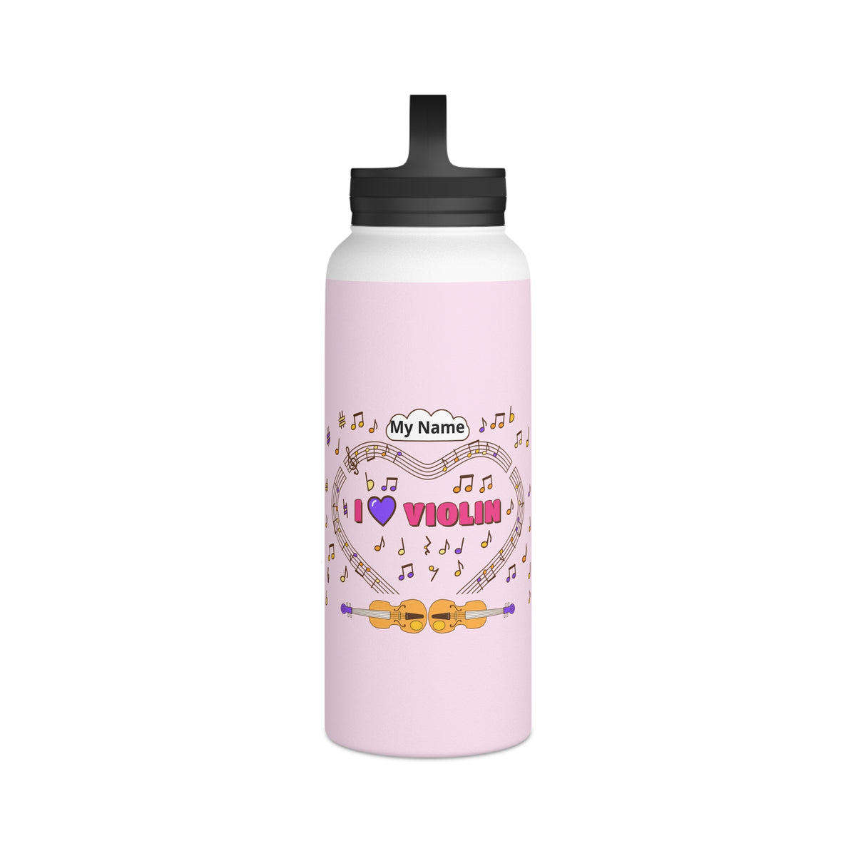 Music-themed Stainless Steel Water Bottle, Handle Lid: 'I love violin' - pink