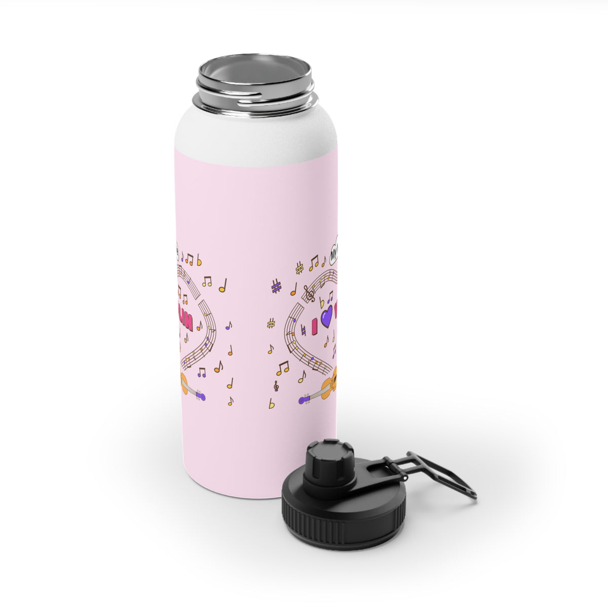 Music-themed Stainless Steel Water Bottle, Sports Lid: 'I love violin' - pink