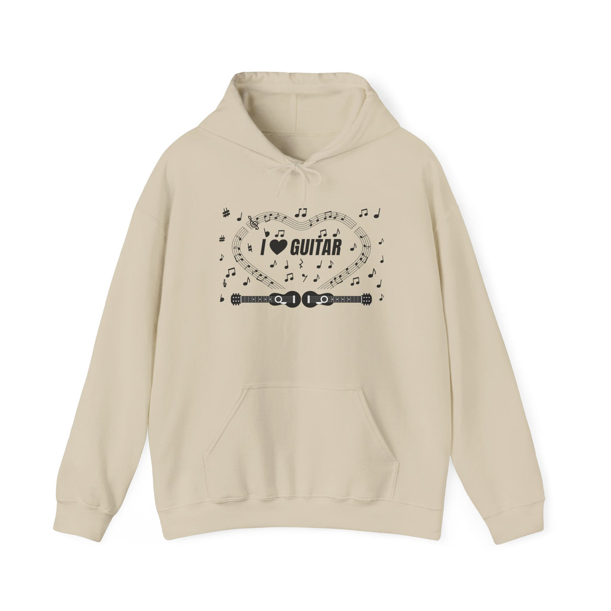 Music-themed Unisex Heavy Blend Hooded Sweatshirt: 'I love guitar' - black on white