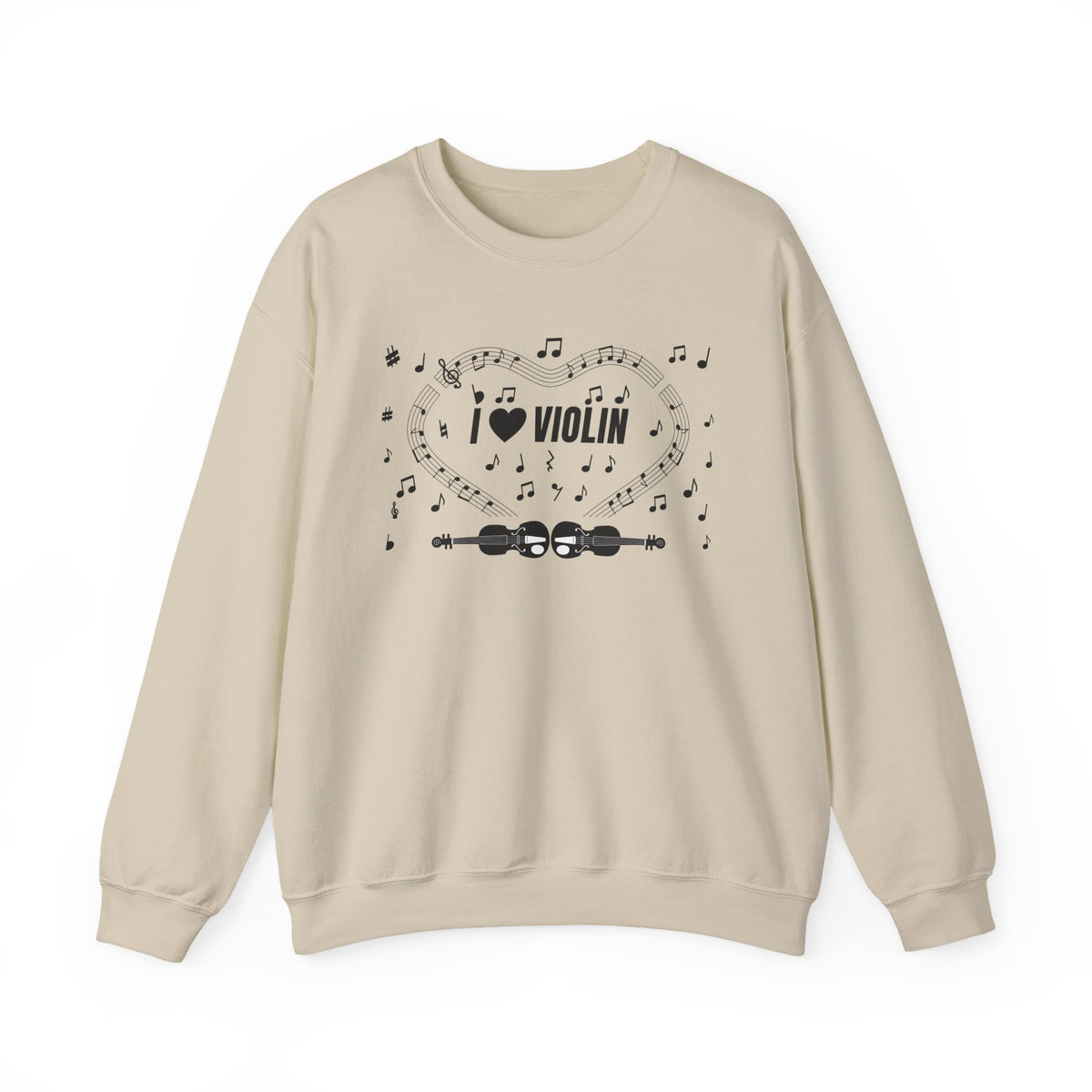 Music-themed Unisex Heavy Blend Crewneck Sweatshirt: 'I love violin' - black on white