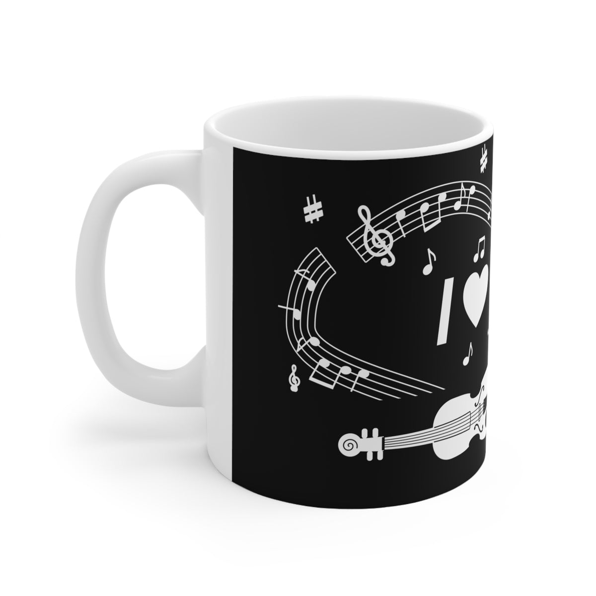 Music-themed Ceramic Mug, 11oz, 15oz: 'I love violin' - black & white