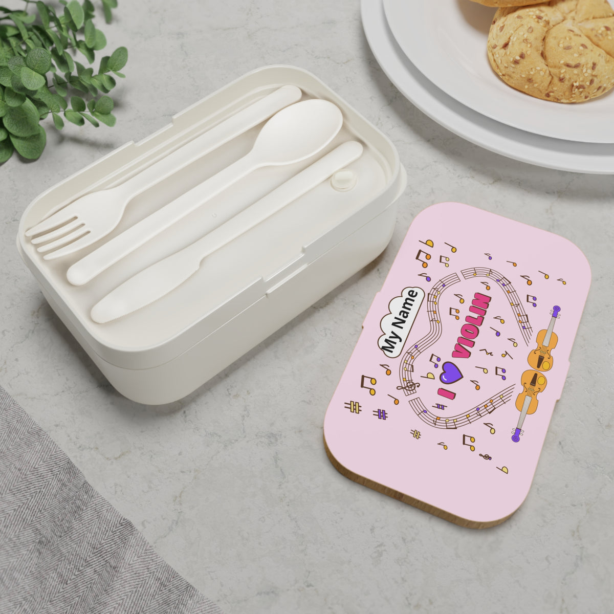 Music-themed Bento Lunch Box: 'I love violin' - pink