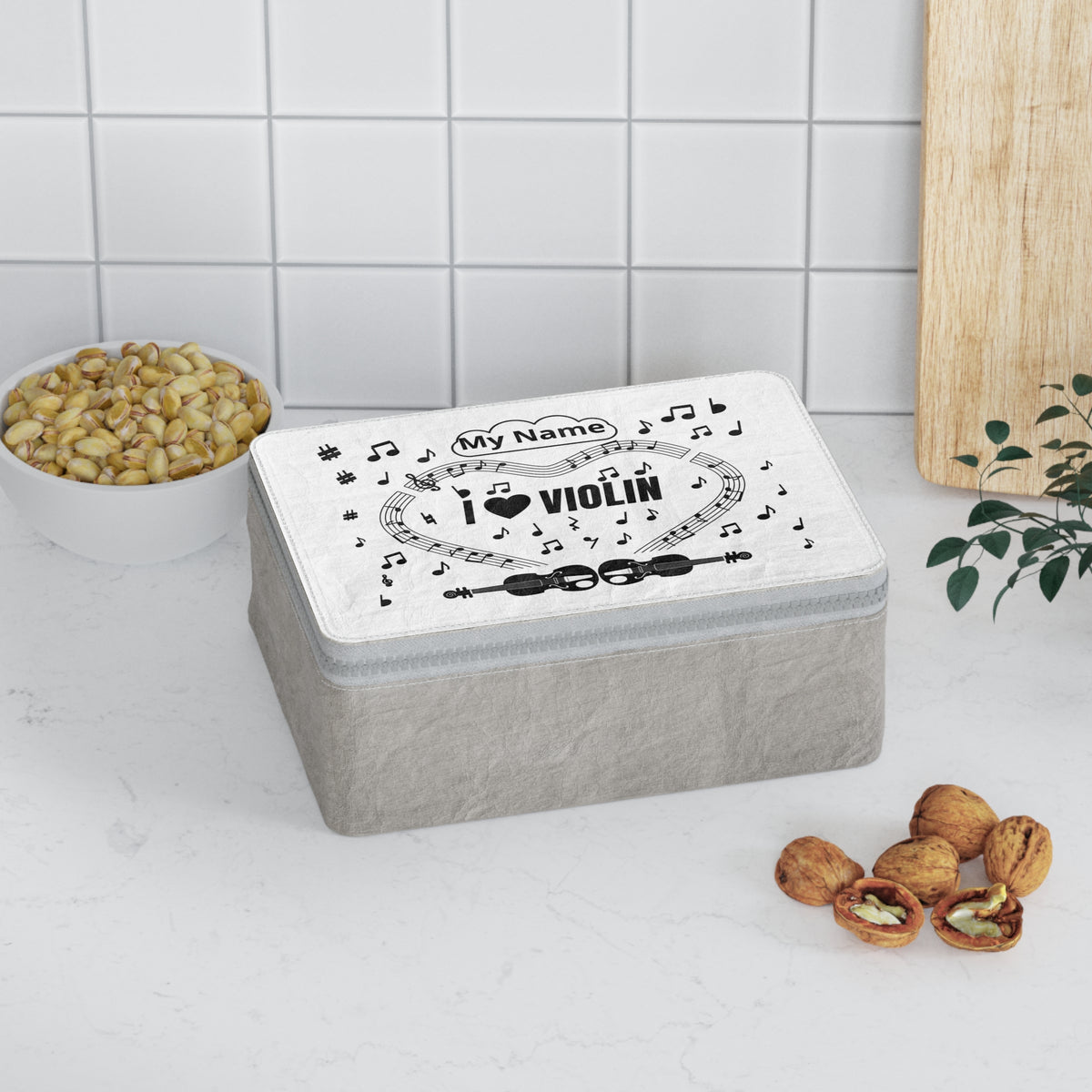 Music-themed Paper Lunch Bag: 'I love violin' - black on white