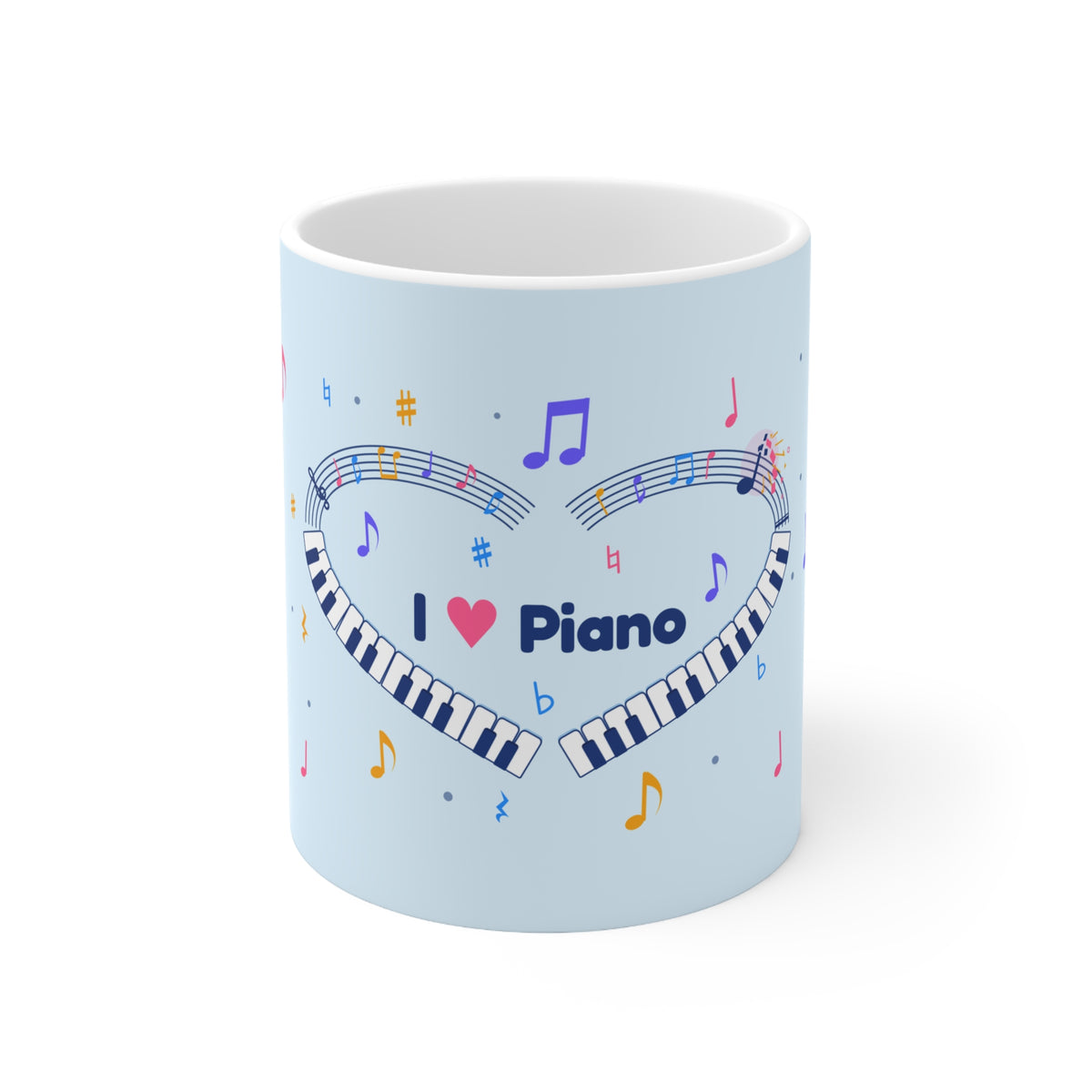 Music-themed Ceramic Mug, 11oz, 15oz: 'I love piano' heart - blue