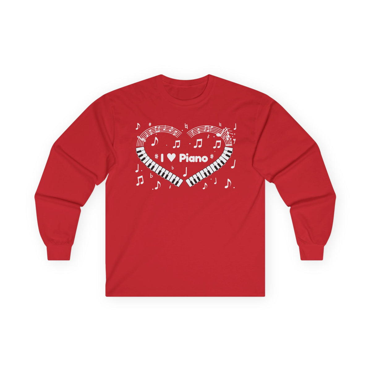 Music-themed Unisex Ultra Cotton Long Sleeve Tee: 'I love piano' heart - black & white