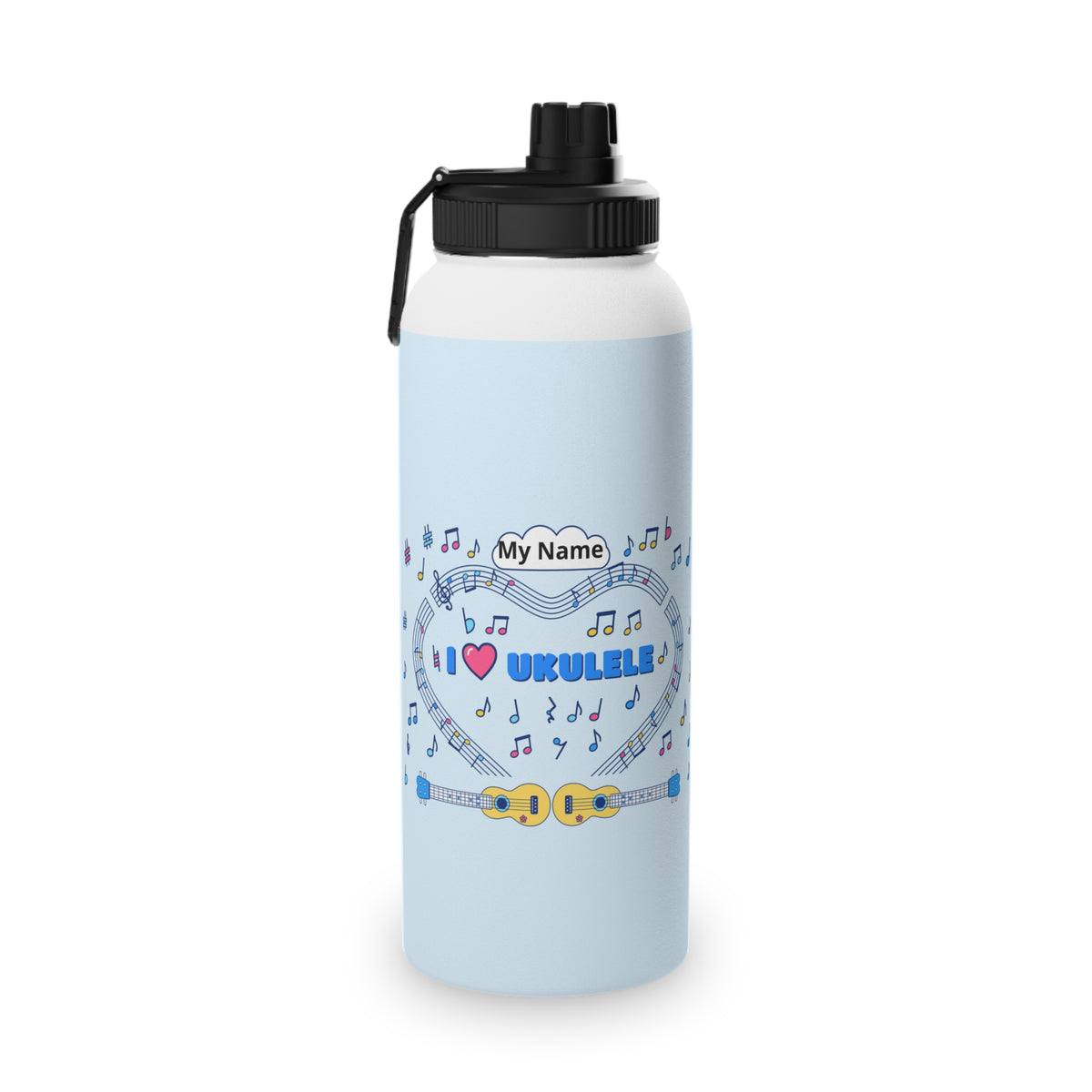 Music-themed Stainless Steel Water Bottle, Sports Lid: 'I love ukulele' - blue