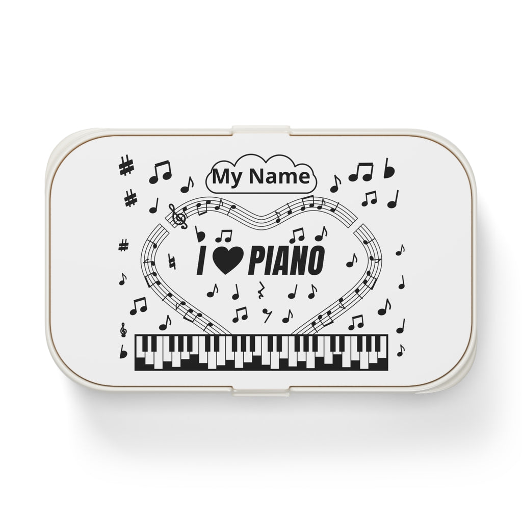 Music-themed Bento Lunch Box: 'I love piano' - black on white