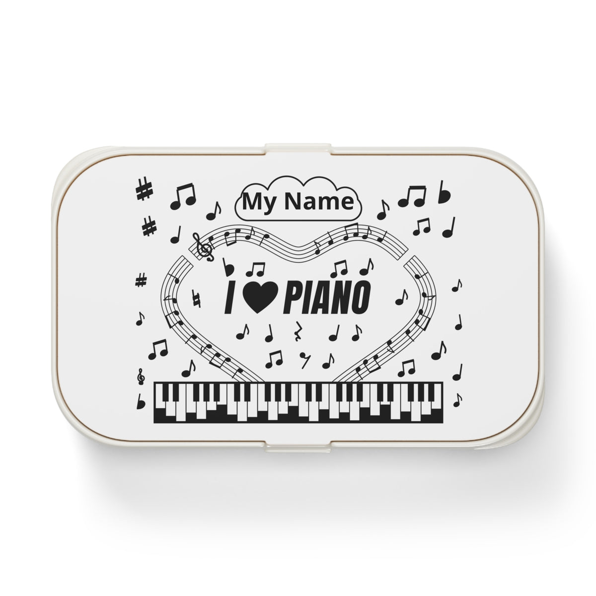 Music-themed Bento Lunch Box: 'I love piano' - black on white