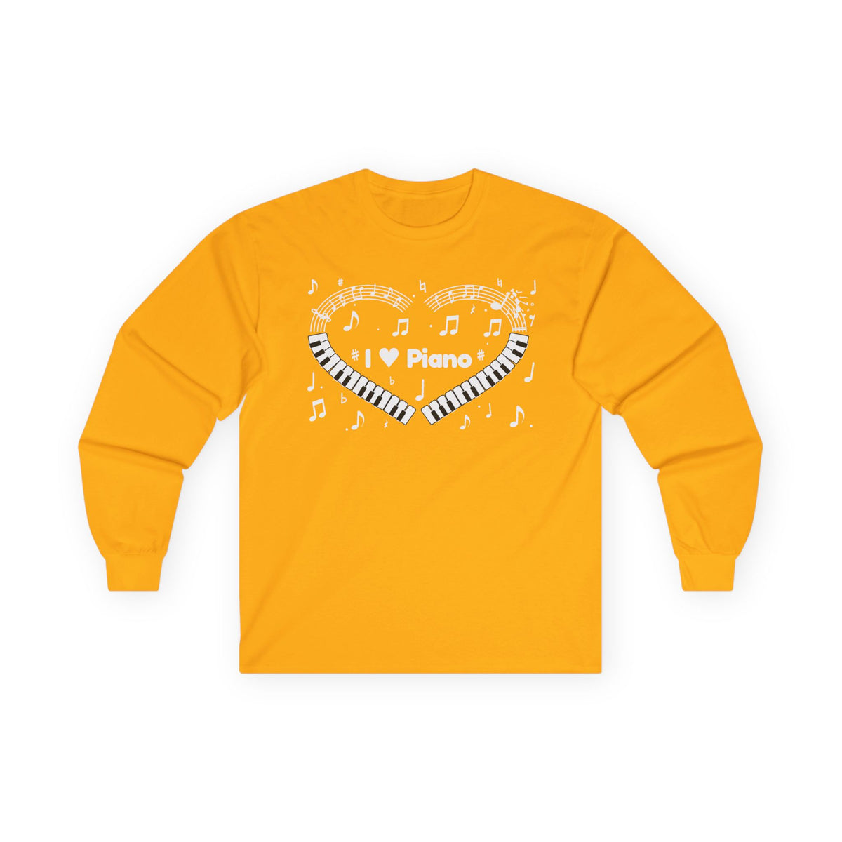 Music-themed Unisex Ultra Cotton Long Sleeve Tee: 'I love piano' heart - black & white
