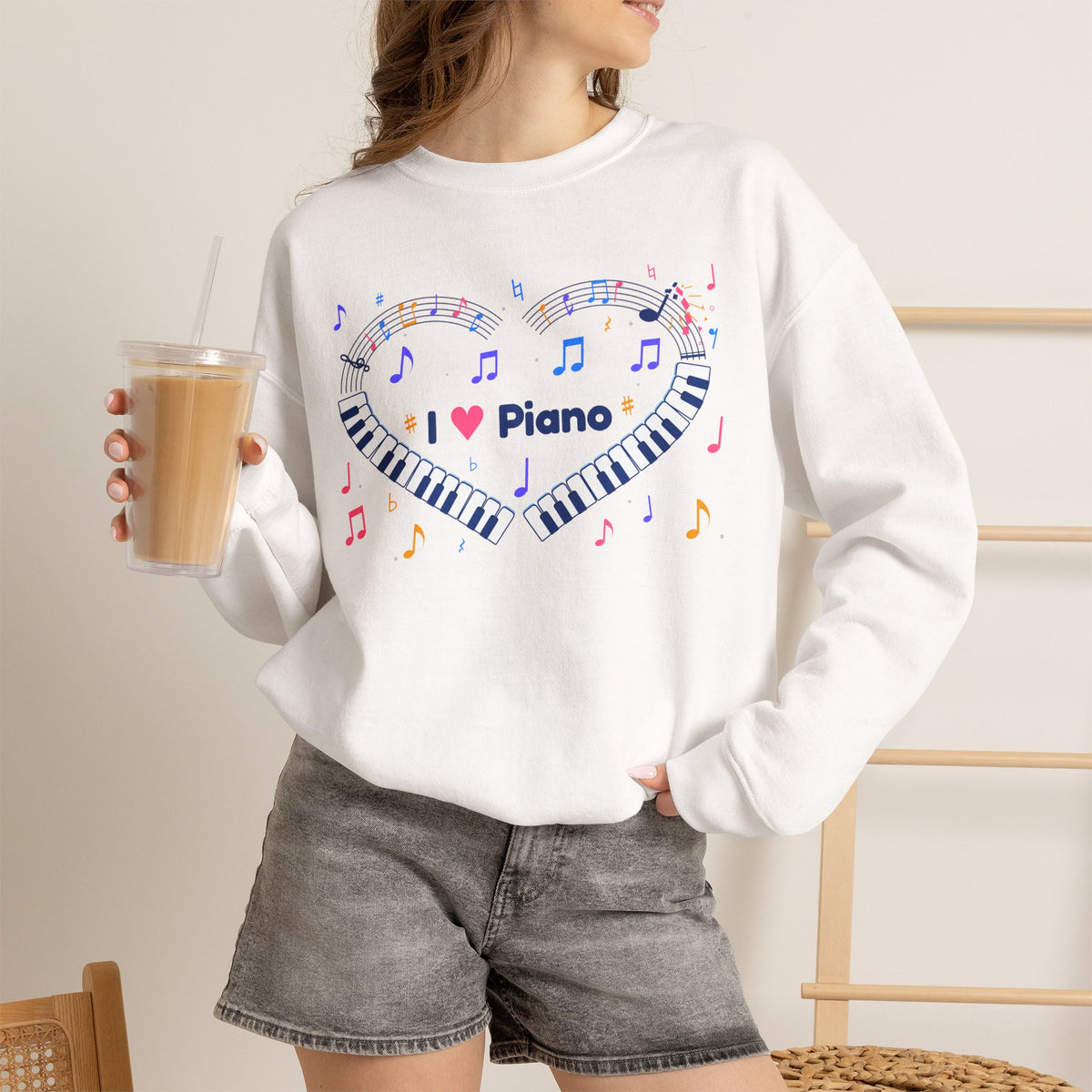 Music-themed Unisex Heavy Blend Crewneck Sweatshirt: 'I love piano' heart - blue