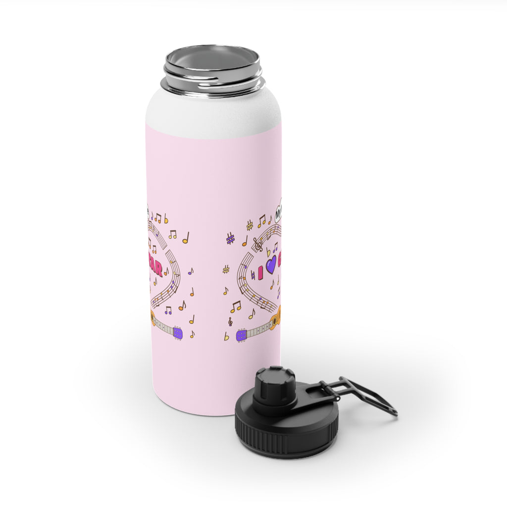 Music-themed Stainless Steel Water Bottle, Sports Lid: 'I love guitar' - pink